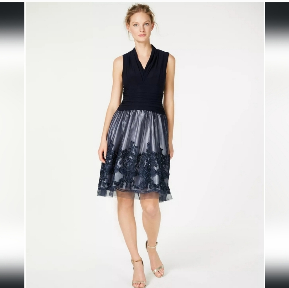 SL NY FASHIONS IllusionSoutache-Trim Party Dress Navy BlueSize 6